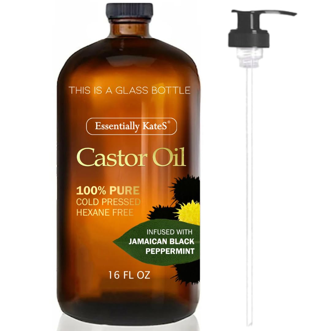 Essentially KateS Castor Oil 16 Fl Oz (Glass Bottle) - Jamaican Black + Peppermint - A Huge Glass Bottle with a Pump - 100% Pure and Natural, Cold Pressed, and Hexane-Free - Hair, Body
