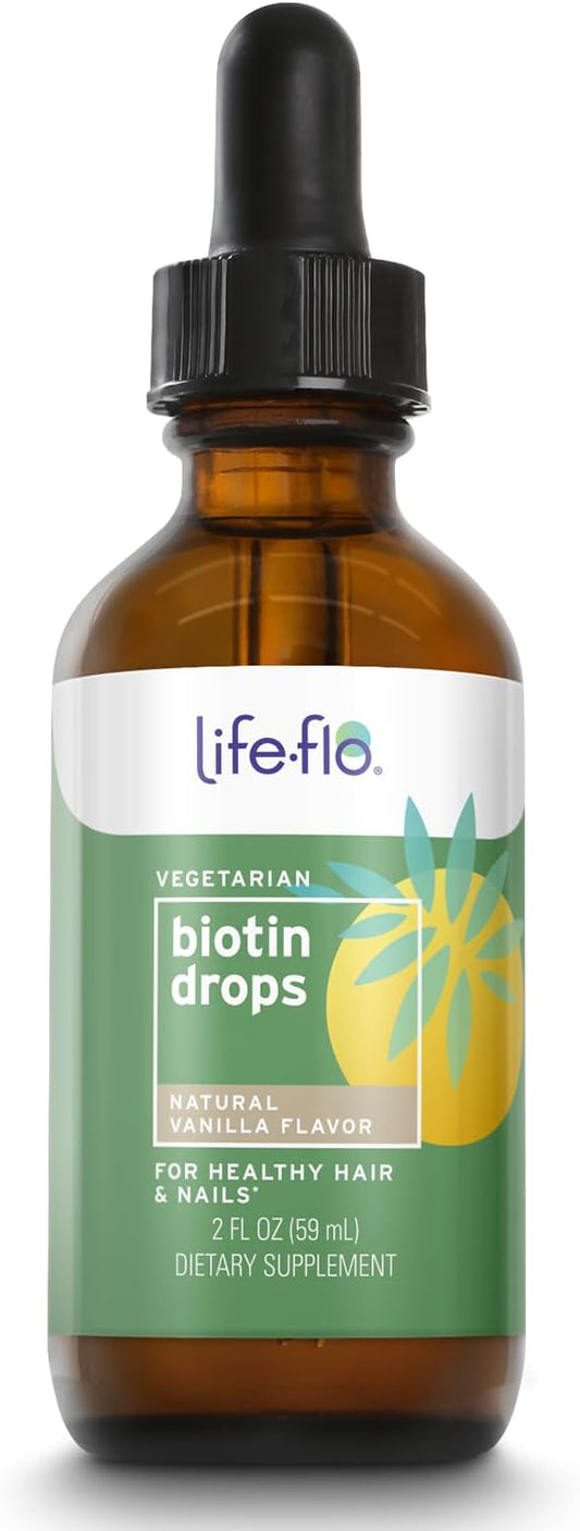 Life-Flo Biotin 10000mcg Drops with Vitamin D3, High Potency Liquid Biotin Supplement, Healthy Hair, Skin and Nails Support, Natural Vanilla Flavor, Vegetarian, 60-Day Guarantee, Approx. 60 Serv, 2oz