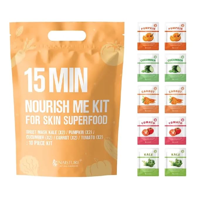 15 Min Nourish Me Kit by Naisture – Korean Spa and Skincare Kit for Women with Kale, Pumpkin, Cucumber, Carrot, and Tomato Face Masks