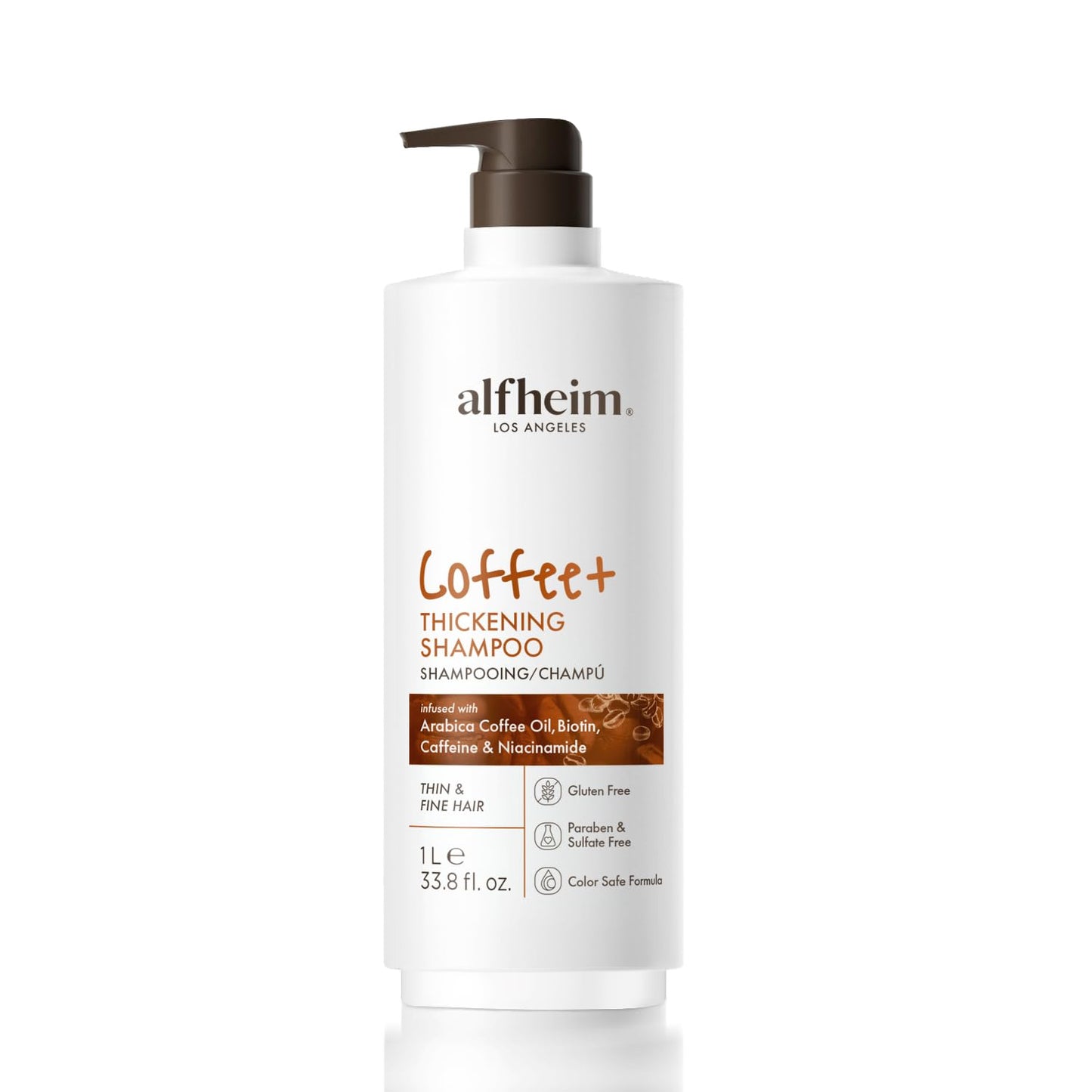 ALFHEIM Coffee+ Thickening Shampoo for Fine, Thin & Weak Hair with Caffeine, Biotin & Arabica Coffee Oil, Energizing, Strengthening & Volumizing Cleanser, Paraben-Free, Sulfate-Free, 33.8 oz / 1000 ml