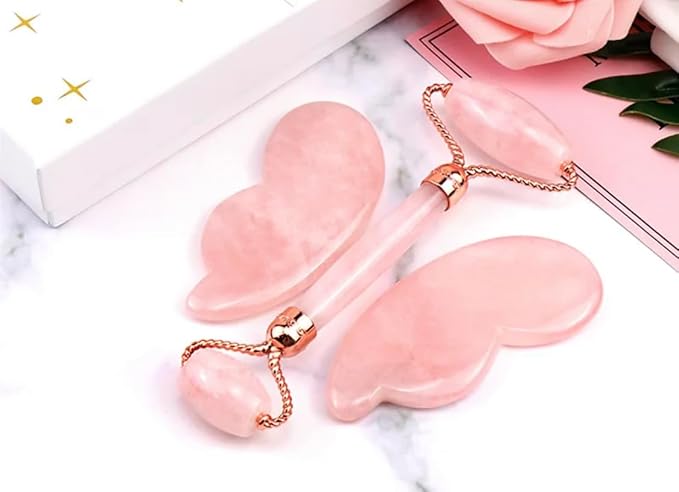 Pink Butterfly Facial Roller and Gua Sha Tool Set – Complete Gua Sha Facial Tool Kit with Pink Roller and Face Massager for Women – Butterfly Guasha Face Tool for Lifting – Facial Roller Guasha Set