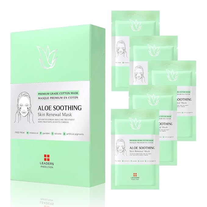 Leaders Insolution Aloe Soothing Skin Renewal Mask | Organic Aloe Leaf & Cactus Extract Hydrating Facial Treatment for Sensitive, Dry, Acne-Prone Skin | UV Repair & Hydration Boost (5 Sheets)