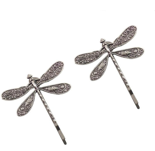 2Pcs Silver Dragonfly Hair Clip Wedding Retro Antique Barrette Bridal Headdress Color Head Wear Styling Hair Accessories for Girls Women Ladies Bobby Pins Hairpins French