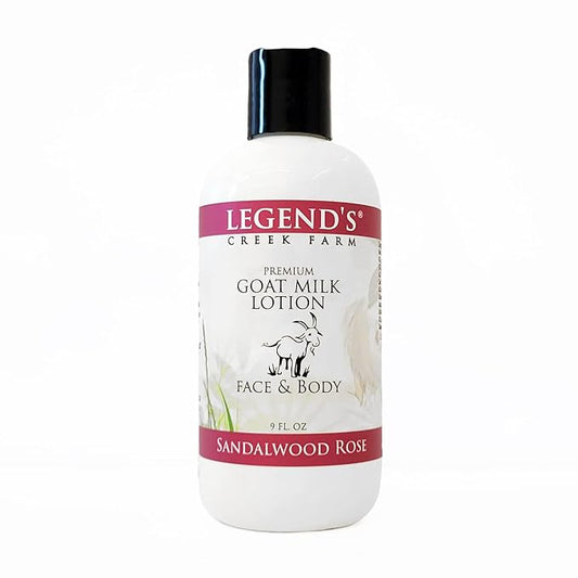 Legend's Creek Farm Goat Milk Lotion - Moisturizing Goat Milk Body Lotion for Body, Hand & Face - 9 oz Body Moisturizer with Shea Butter, Sunflower Oil, Aloe, Handmade in USA (Sandalwood Rose L.)