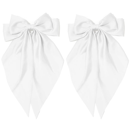 TULOBI 2Pcs Silky Satin Hair Bows for Women with Long Tail Coquette Big Hair Ribbon Hair Clip Aesthetic Hair Accessories - White
