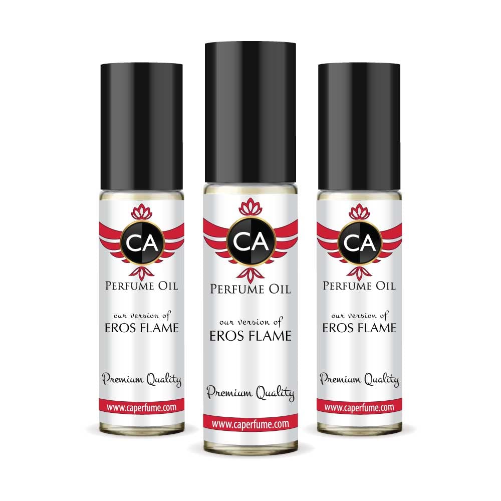 CA Perfume Impression of Eros Flame for Men Eau De Parfum Woody Spicy Scent Long Lasting Cologne for Men Travel Size TSA Ready for Day and Night Wear 0.33 Fl Oz 10ml (Pack of 3)
