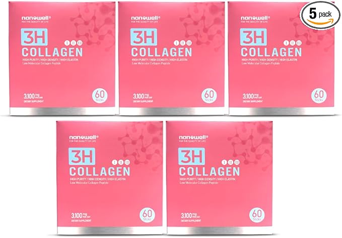 3H Collagen Peptide 60 Sticks X 5 Boxes for 5 Months - I, II, & III with Vitamin A,C, E Hydrolyzed Elastin Peptide and Hyaluronic Acid - Hair, Nail, Skin, and Joint Support (300 Count)
