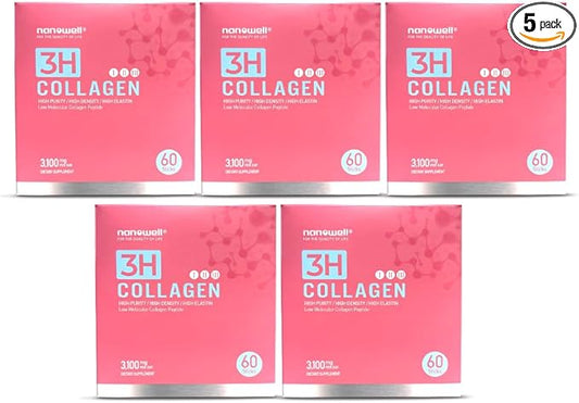 3H Collagen Peptide 60 Sticks X 5 Boxes for 5 Months - I, II, & III with Vitamin A,C, E Hydrolyzed Elastin Peptide and Hyaluronic Acid - Hair, Nail, Skin, and Joint Support (300 Count)
