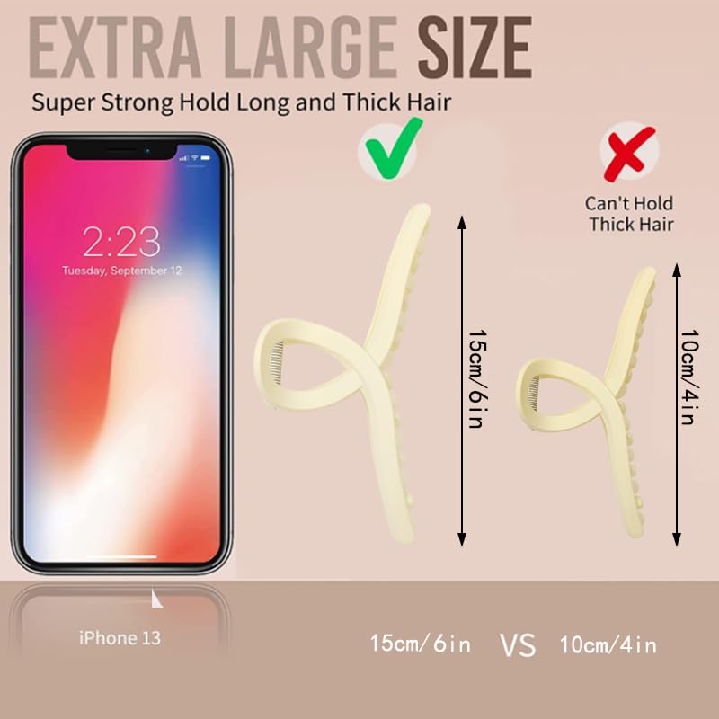 4 Pack Xl Jumbo Claw clips, 6Inche Extra Large Claw Clips for Thick Hair and Long Hair, Oversized Matte Non-slip Butterfly Hair Clips for Women, Big Strong Hold Jaw Clip,white Color