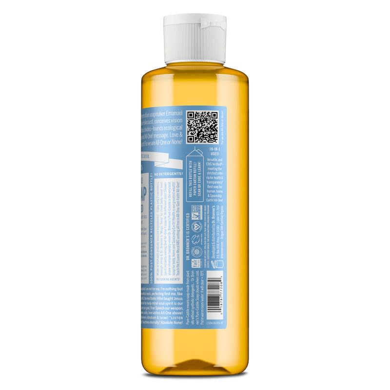 Dr. Bronner's Pure-Castile Magic Liquid Soap (Baby Unscented, 8 Ounce)- Made with Regenerative Organic Certified Oils, For Face, Body Wash, Baby Soap, Sensitive Skin, No Added Fragrance, Vegan