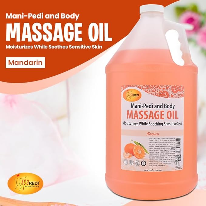 SPA REDI - Mandarin Scented Massage Therapy Oil, 128 Oz - Full Body Massage, Almond, Cotton Seed, Sunflower, Avocado & Essential Oils, Vitamin E