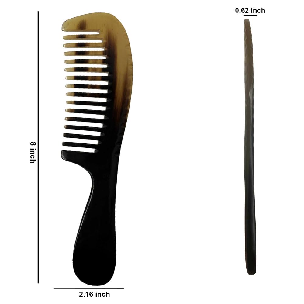 Natural Buffalo Horn Wide Tooth Comb, 8 Inch, Handcrafted Hair and Beard Detangling Comb, Black and Marbled