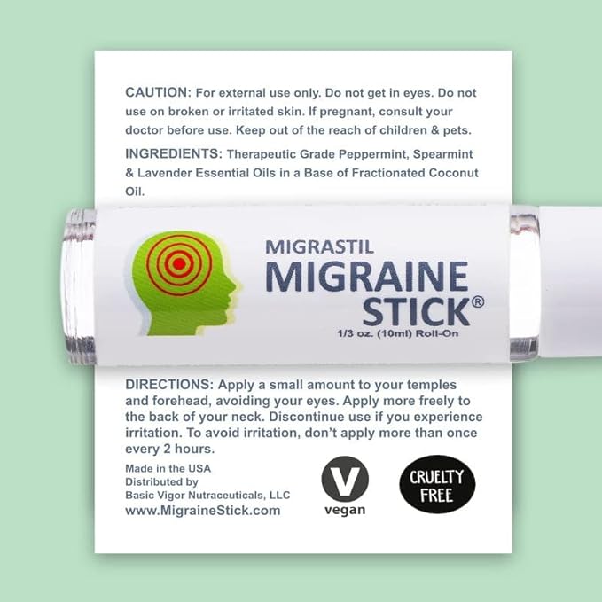 Basic Vigor Migrastil Migraine Stick 3-Pack Natural Migraine Roll-on. Made in The USA with Peppermint, Spearmint and Lavender Essential Oils. (Regular Strength)