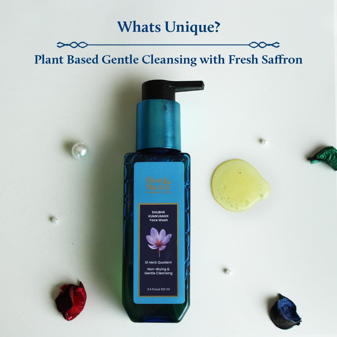 Blue Nectar Kumkumadi Brightening Face Wash with Saffron for Women & Men | Sulphate free Anti Pimple Face Cleanser (10 Herbs, 3.38 Fl Oz)