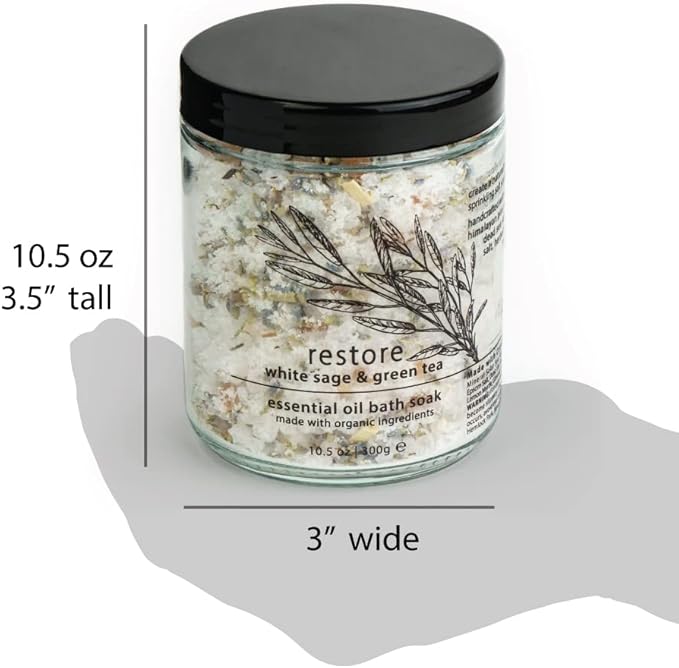 Hemlock Park Restore Essential Oil Bath Soak | Naturally Soothing Mineral Sea Salt and Botanicals | 10.5 oz Jar | White Sage & Green Tea