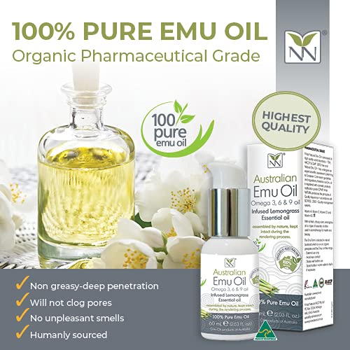 Y-Not Natural Ultra Pure Australian Emu Oil - Luxury, Hospital Grade Emu Oil 60 mL | Free Range Aboriginal Omega 3, 6 & 9 Oil Infused with Lemongrass - The Ultimate Moisturizer for Skin, Hair, Nails, and Scalp