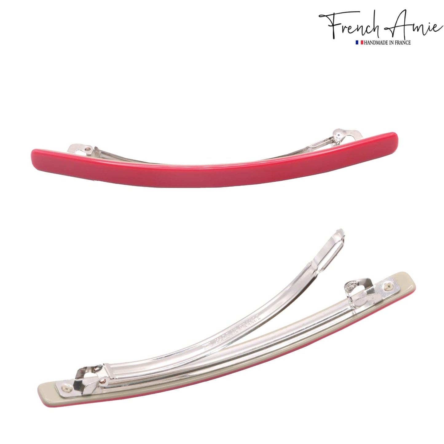 French Amie Long and Thin Rose Pink Large 4” Handmade Celluloid Automatic Sleek Hair Clip Barrette for Women and Girls (Rose Pink)