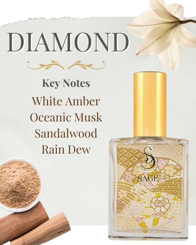 The Sage Lifestyle Diamond Spray Perfume, Sandalwood, Amber, Musk for Women, Luxury Long Lasting Scent, Vegan & Cruelty Free, Made in USA, 2 oz Travel Size Perfume