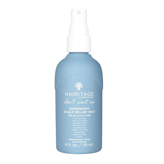 Hairitage Don’t Wait Up Anti Dandruff Overnight Scalp Relief Scalp Mist - For Dry, Itchy Scalp - Calms Irritated Scalp - Absorbs Quickly - Formulated with Aloe Vera + Peppermint, 4 Fl Oz