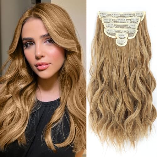 Clip in Hair Extensions, 6 PCS Natural & Soft Hair & Blends Well Hair Extensions, Lonng Wavy Hairpieces(16inch, 6pcs,Golden Blonde)