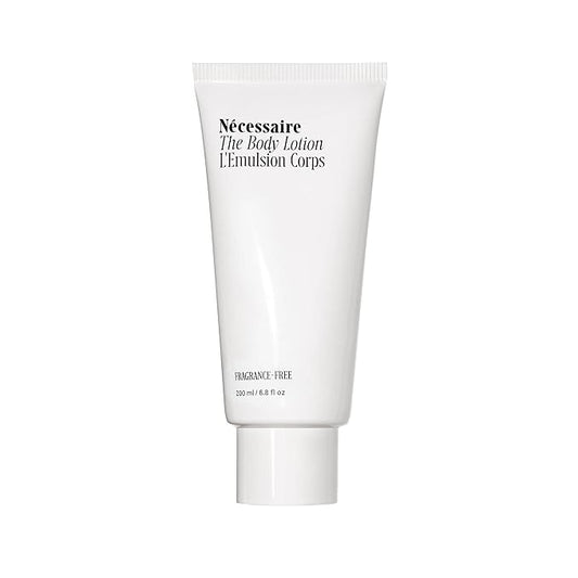 Nécessaire The Body Lotion Fragrance-Free. Firming Body Lotion for Women & Men. 48 Hour Moisture. 5 Peptides, 2.5% Niacinamide, Vitamin C/E + Omega 6/9. Non-Comedogenic. 6.8 fl oz.