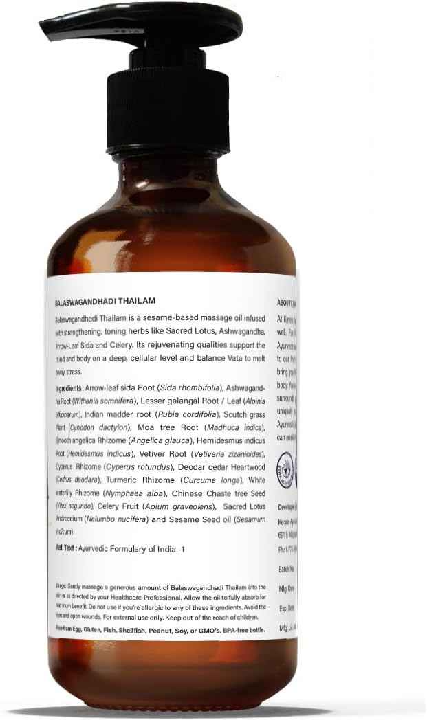 Kerala Ayurveda Balaswagandhadi Thailam - Ayurvedic Massage Oil for Body with Ashwagandha - Balances Vata and Pitta, Calms Mind, Nourishes Body & Tones Muscles, 6.76 Fl Oz