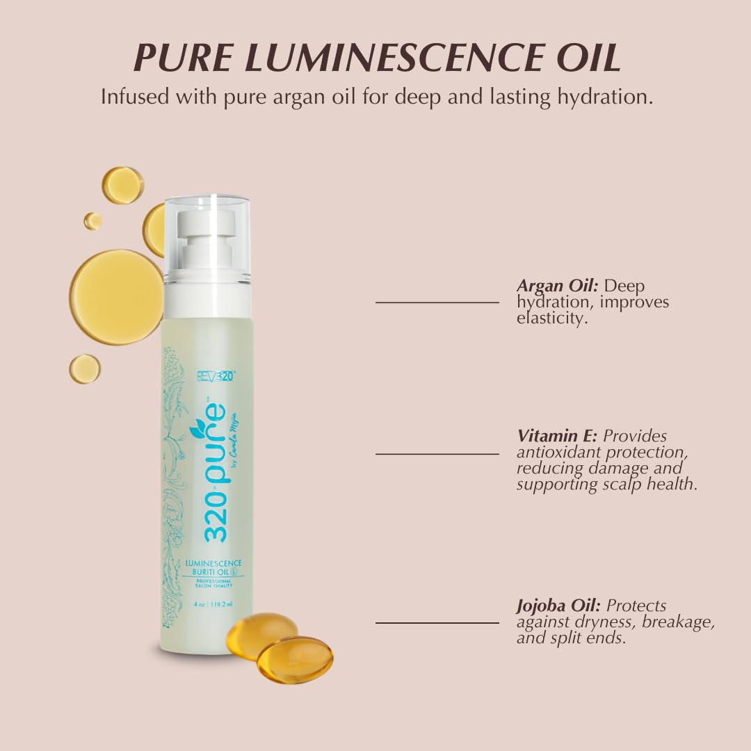 320Pure Luminescence Buriti Oil for Fine Hair and Scalp 4oz, Aceite de buriti, Control Frizz, Revive Shine & Protect Hair, With Coconut, Amalaky, and Aloe Vera for Deep Nourishment & UV Protection