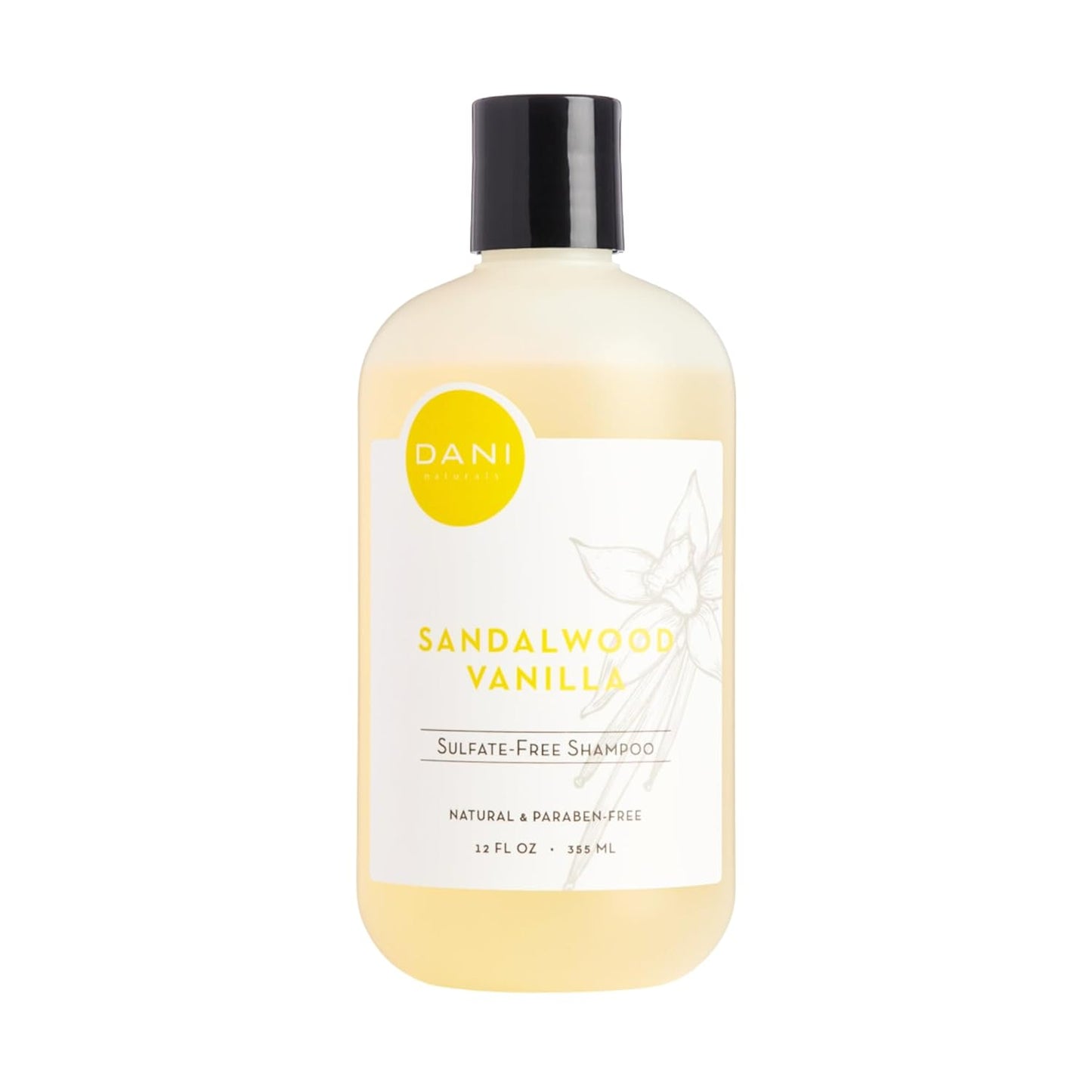 DANI Naturals Shampoo with Sandalwood Vanilla Scent promotes hair thickening, strengthens follicles, and supports hair re-growth. Sulfate-free, nourishing, and soothing