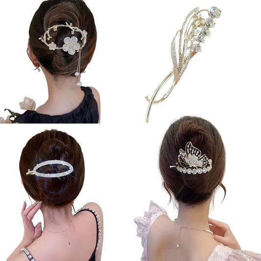 4PCS Metal Twisted Hair Claw Clips Set, Rhinestone Pearl Butterfly & Floral Hair Clamps, Medium/Thin Hair Accessories Barrettes Non Slip Jaw Hair Claw Metal Sparkly Flat Hairclips for Women