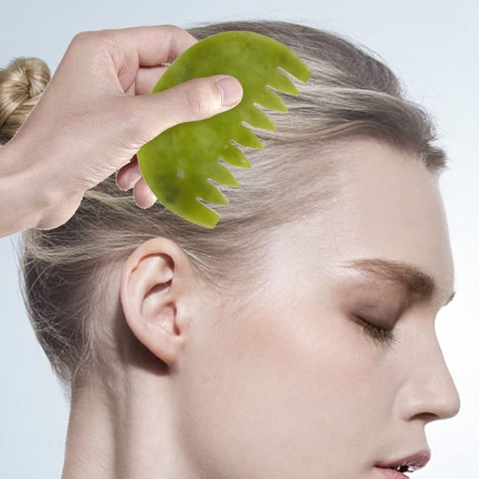 Healifty Jade Stone Massage Comb 2Pcs - Guasha Scalp Comb, Handheld Gua Sha Scraping Massage Tool for Head Caring, Relax (Olive Green)