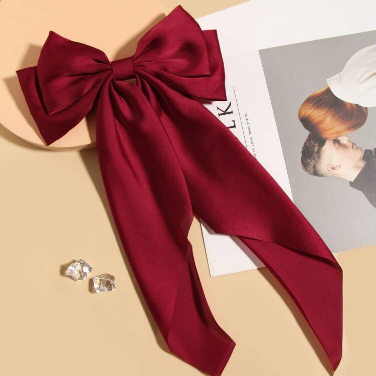 Women Big Bow Barrettes Girl's Satin Hairclips Long Ribbon Hair Pins Accessories For Party (Burgundy)