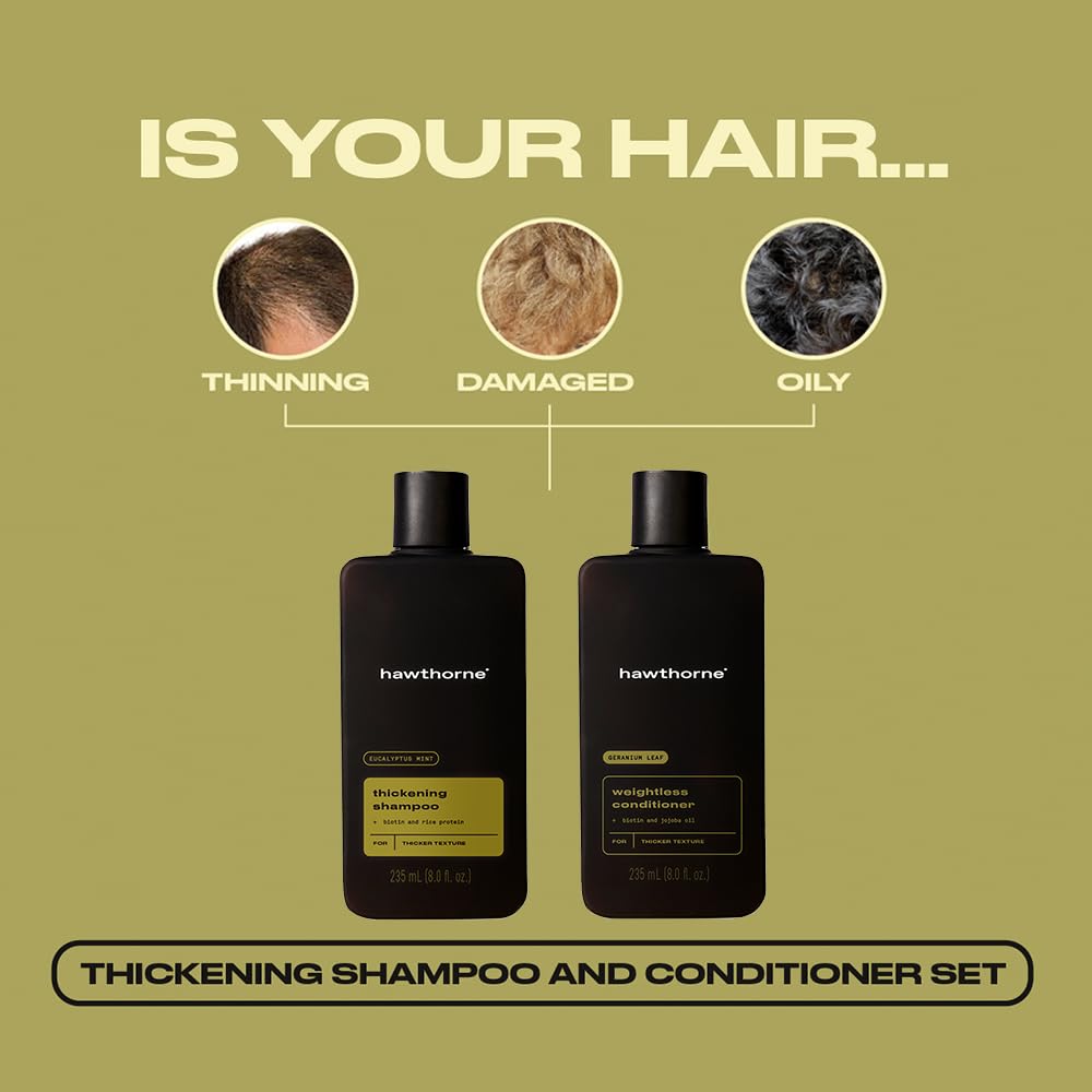 Hawthorne Thickening Shampoo and Conditioner Set. Men’s All Natural Shampoo and Conditioner Set with Thickening Shampoo and Weightless Conditioner. Sulfate Free, Paraben Free. 8 Fl Oz Each.