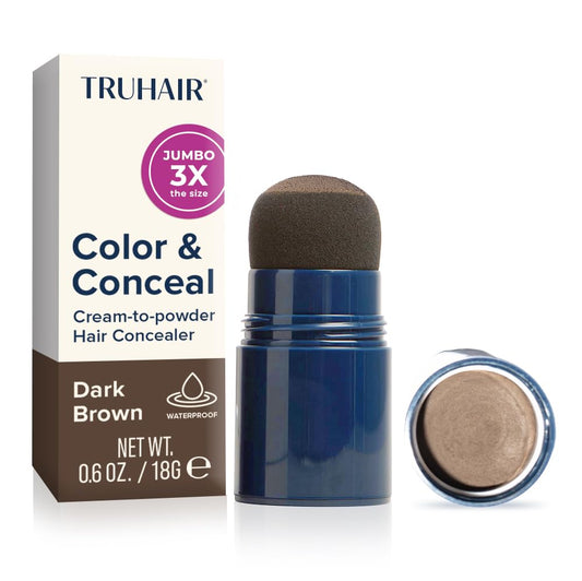 TRUHAIR Jumbo Color & Conceal Waterproof Root Touch Up Hair Color for Gray Hair Coverage - Instant Root Cover Up Hair Powder for Women & Men - Bald Spot Concealing, Hairline Filling (Dark Brown)