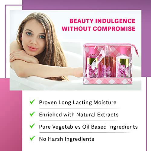 Bath & Body Care Travel Set Pea Flower Scent Home Spa Set with Body Lotion, Shower Gel and Fragrance Mist