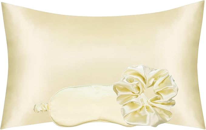 Vegan Silk Sleep Set, Silky Pillowcase with Large Scrunchie and Eye Mask for Hair and Skin, Self Care Essential Satin Night Routine Kit (Light Yellow Color)