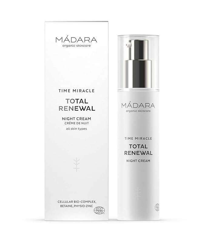 MÁDARA Organic Skincare | Time Miracle Total Renewal Night Cream - 50ml, With multi-molecular Hyaluronic Acid and balancing Physio-Zinc, Based on Northern Birch Water, Vegan, Ecocert certified.