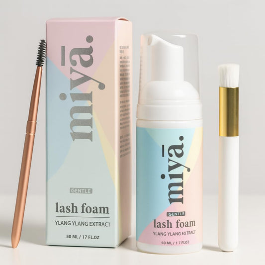 Eyelash Extension Cleanser + Rose Gold Mascara Wand & Brush | Eyelid Cleanser | Lash Bath | Paraben & Sulfate Free Makeup Remover Lash Cleanser for Extensions | Salon & Home | Miya Lash Shampoo 50ml