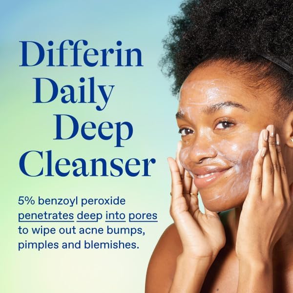 Differin Acne Face Wash with 5% Benzoyl Peroxide, Daily Deep Cleanser by the makers of Differin Gel, Gentle Skin Care for Acne Prone Sensitive Skin, 4 oz (Packaging May Vary)
