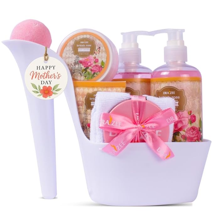 Draizee Mothers Day Gifts for Mom - Spa Gift Baskets for Women -8 Pcs Luxury British Rose Scented Heel Shoe Design Bath and Body Spa Set - Self Care Package for Women, Presents for Mom, Body Care Set