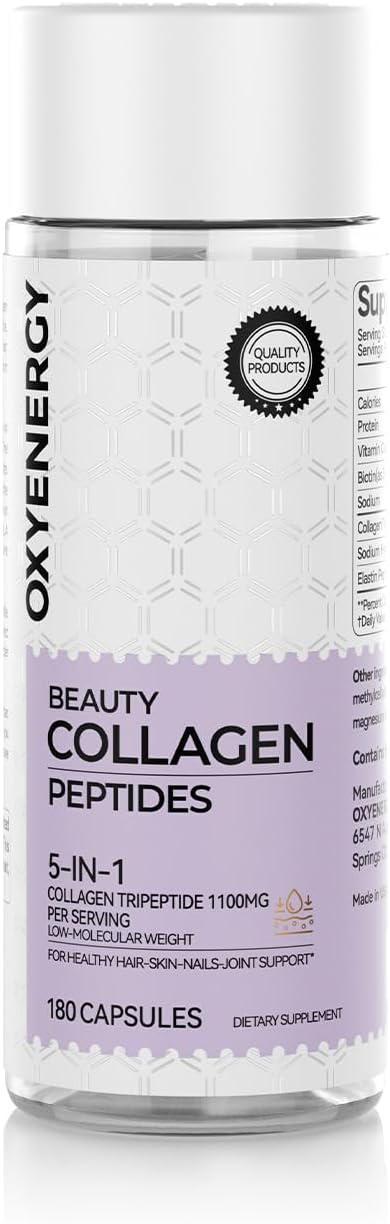 OxyEnergy Collagen Peptides Capsules for Women, 1100mg Hydrolyzed Collagen Tripeptides(Types I) Supplements with Biotin and Vitamin C, 180 Collagen Pills to Promotes Hair, Nail, Skin, 2 Months Supply