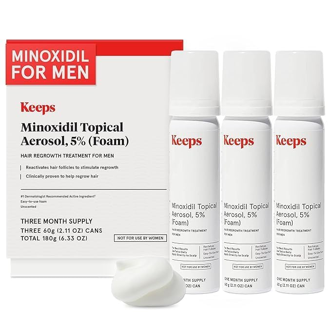 Keeps Extra Strength Minoxidil for Men - 5% Minoxidil Foam Hair Loss & Regrowth Treatment for Thinning & Bald Spots - Clinically Proven Hair Growth Products - Unscented Topical Aerosol Foam