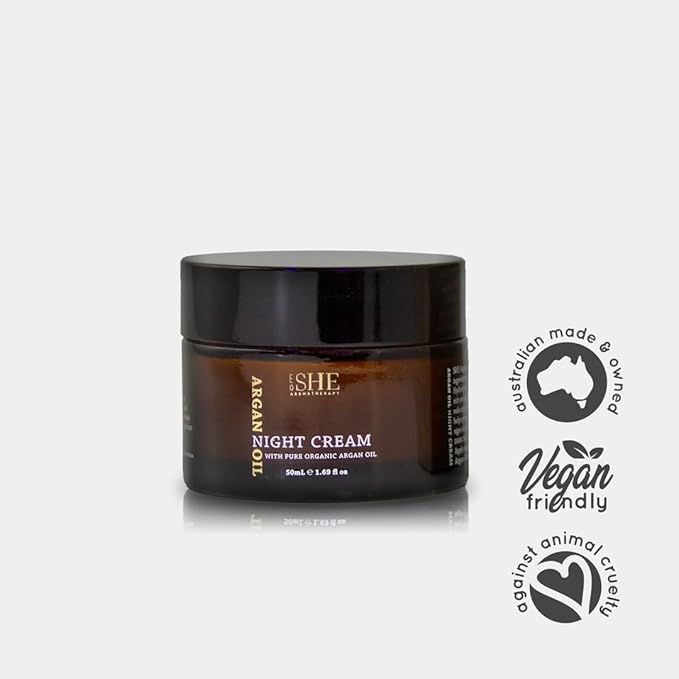 SHE Aromatherapy Argan Oil Night Cream 1.69fl oz - Nourishing and Hydrating, Smooths, Soothes and Softens, Organic Argan Oil, Vitamin E. Australian Made.