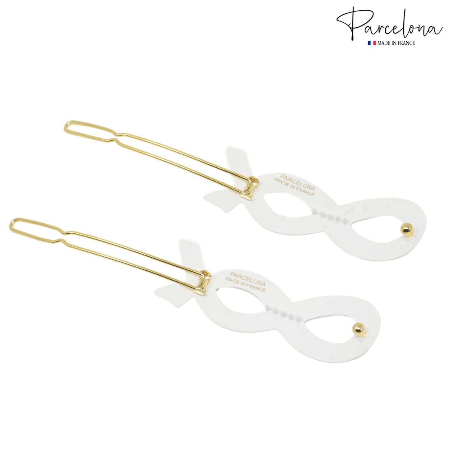 Parcelona French Infinity Ribbon Small 2 1/4" Celluloid French Hair Slides Clips for Women Tige Boule Clasp Girls Side Slide-in Barrette Clip Paris Hair Accessories for Women Strong Hold No Slip Grip Fashion Durable Styling, Made in France (Solid White)