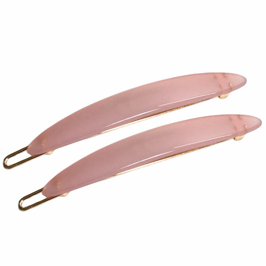 French Amie Narrow Oblong Small 2 1/4" Celluloid Acetate Set of 2 Side Slide In Hair Clip Barrettes with Tige Boule Clasp for Girls and Women, Made in France (Blush Pink)
