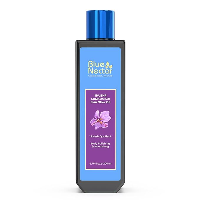 Blue Nectar Kumkumadi Body Oil for Glowing Skin | Moisturizing Body Oil for Dry Skin with Relaxing Aroma | Plant Based Body Oil for Women & Men (12 Herbs, 6.76 fl oz)