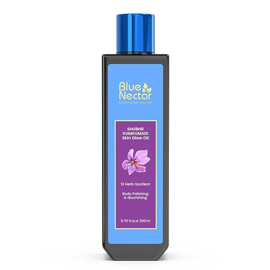 Blue Nectar Kumkumadi Body Oil for Glowing Skin | Moisturizing Body Oil for Dry Skin with Relaxing Aroma | Plant Based Body Oil for Women & Men (12 Herbs, 6.76 fl oz)
