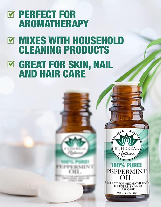 Ethereal Nature 100% Pure! Peppermint Oil – Perfect for Aromatherapy Diffusers, Skin, Nail and Hair Care – Beauty DIY – 4 FL OZ (Pack of 2)