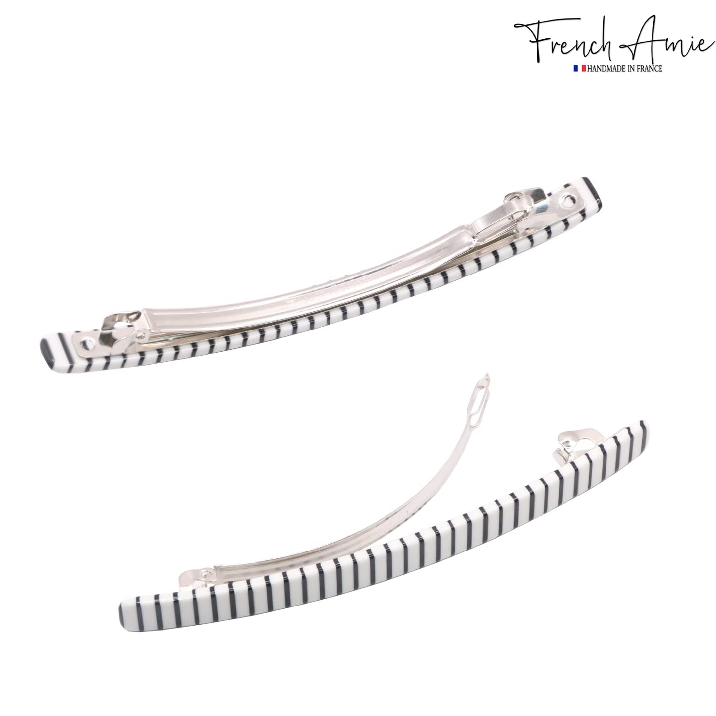 French Amie Long and Thin Black White Large 4” Handmade Celluloid Automatic Hair Clip Barrette for Women and Girls (Stripe)