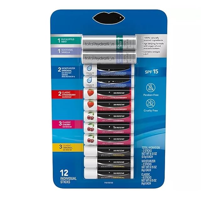 Lip Balm - Variety Pack Original, Cherry, Strawberry, Moisturizer & Total Hydration - 12 count.
