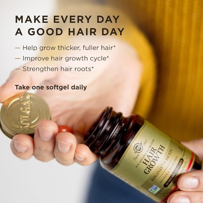 Solgar Hair Growth Age-Defying Nutrition For Men & Women—Thicker Fuller Hair Growth with Keranat Oil, Biotin, Zinc and Copper - One Softgel Daily, Vegan, Dairy, Soy and Gluten Free, 30 Servings